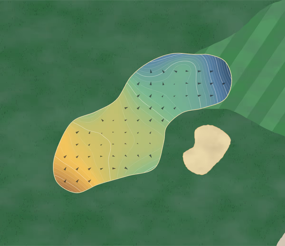 Green contour map of Cliffs at Keowee Vineyards, The in Sunset, South Carolina — 276 elevation contours at a 3-inch interval with fall-line arrows, traced from 1-meter lidar