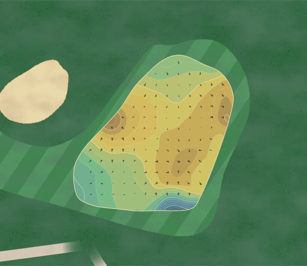 Green contour map of Clinton GC in Clinton, Maine — 129 elevation contours at a 3-inch interval with fall-line arrows, traced from 1-meter lidar