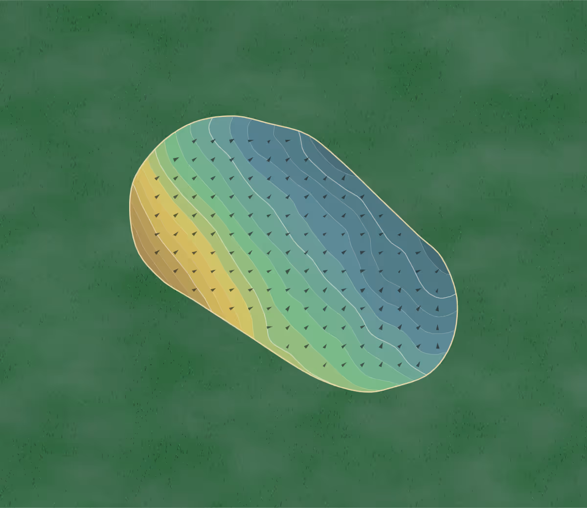 Green contour map of Clober in Glasgow, Scotland — 93 elevation contours at a 8-centimeter interval with fall-line arrows, traced from 1-meter lidar