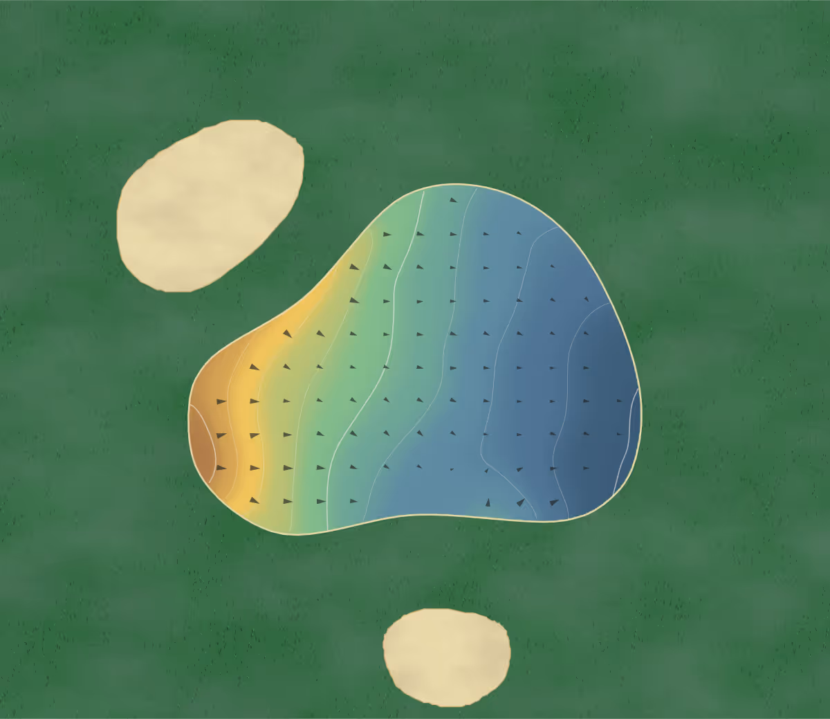 Green contour map of Clonakilty in Cork, Ireland: 9 elevation contours at a 8-centimeter interval with fall-line arrows, traced from 1-meter lidar