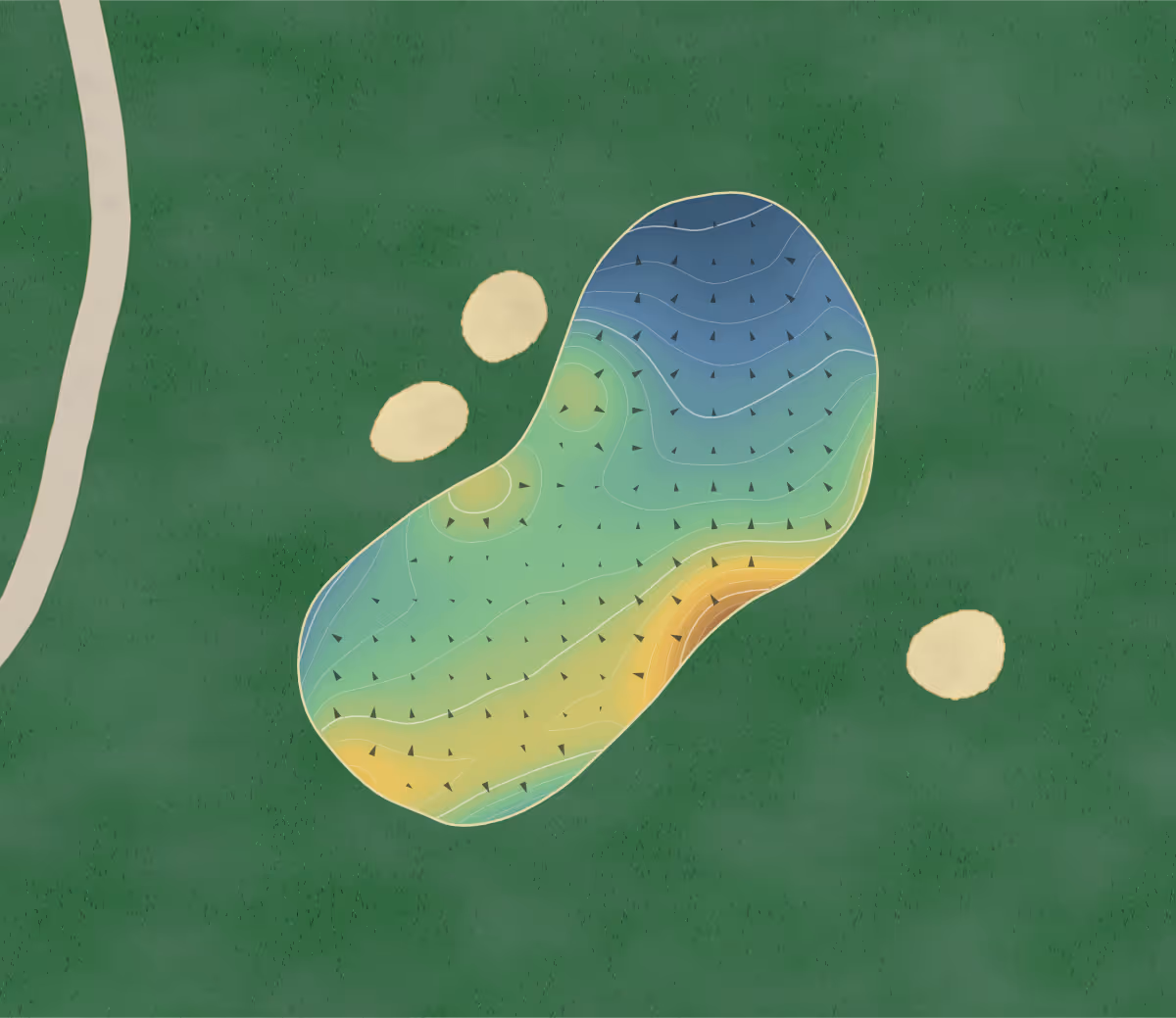 Green contour map of Cloverdale Links in Winchester, Canada — 242 elevation contours at a 8-centimeter interval with fall-line arrows, traced from 1-meter lidar