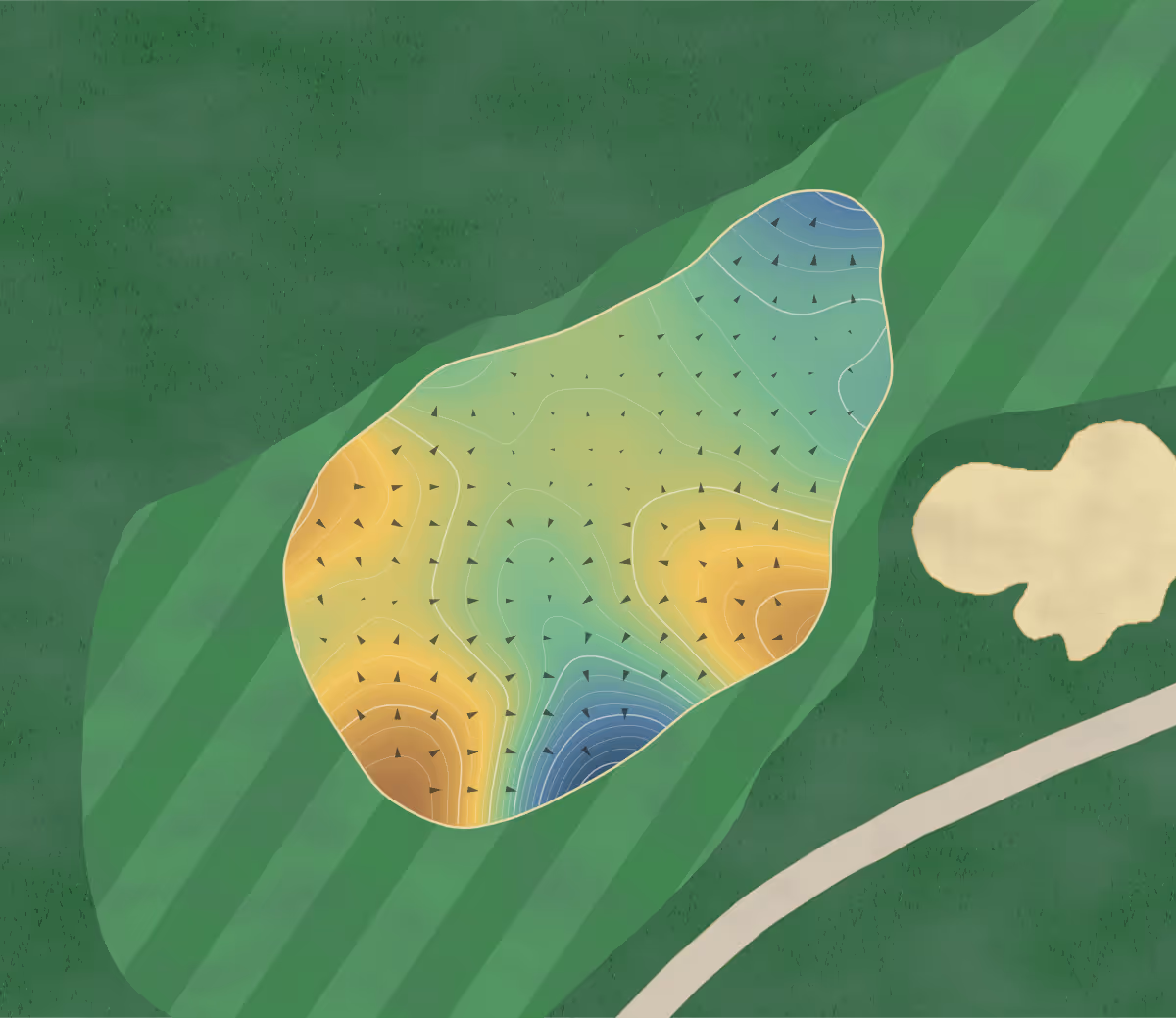 Green contour map of Bond Head South in Bond Head, Canada: 262 elevation contours at a 8-centimeter interval with fall-line arrows, traced from 1-meter lidar