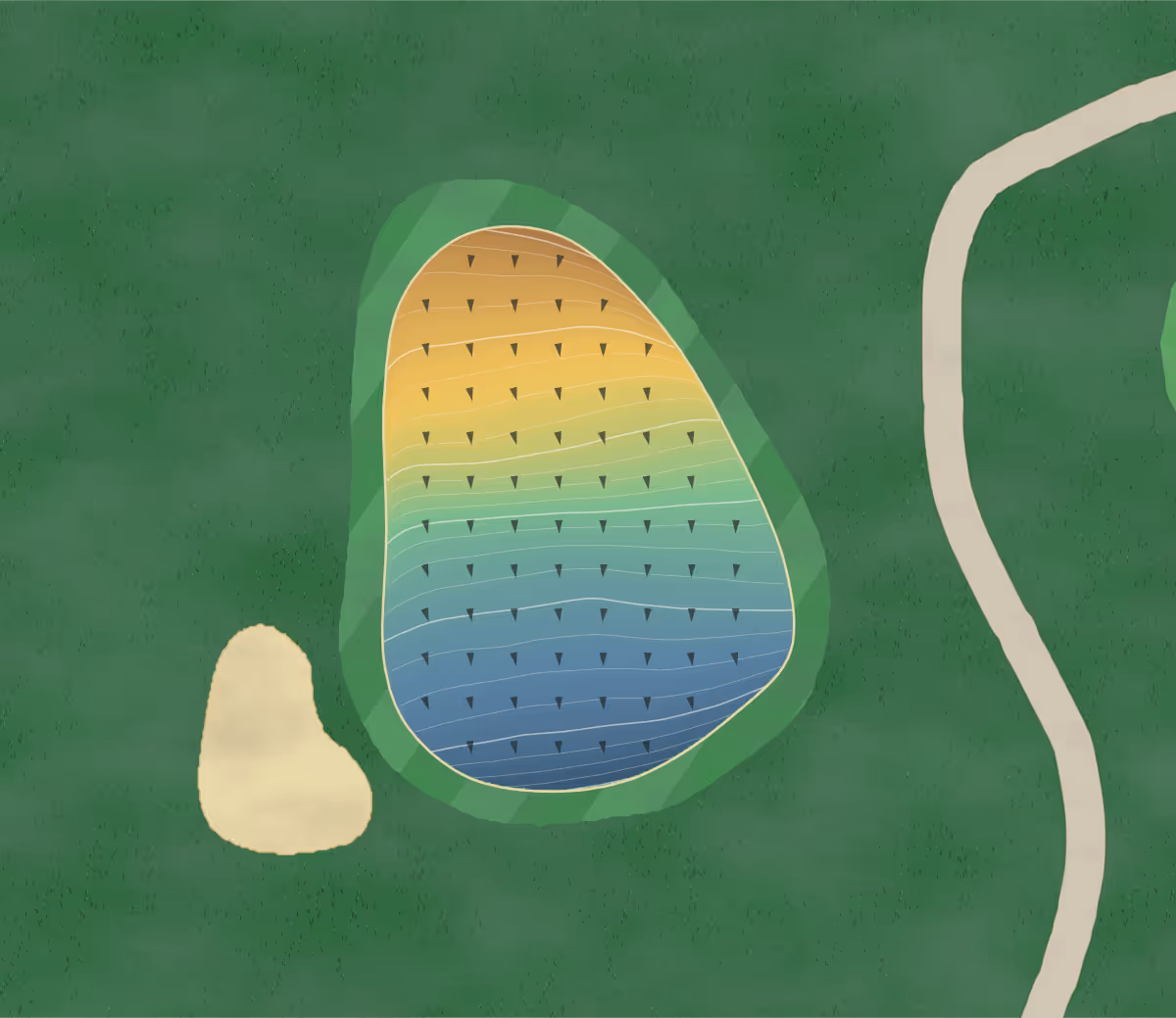 Green contour map of Alpin in Ste- Brigitte de Laval, Canada — 205 elevation contours at a 8-centimeter interval with fall-line arrows, traced from 1-meter lidar