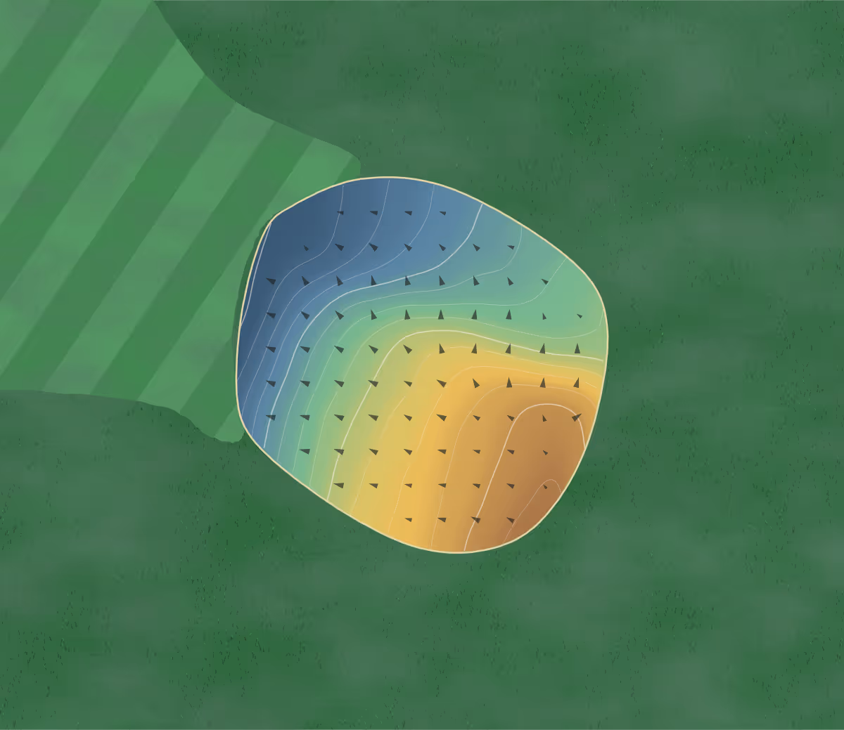 Green contour map of Senneterre in Senneterre, Canada: 36 elevation contours at a 8-centimeter interval with fall-line arrows, traced from 1-meter lidar