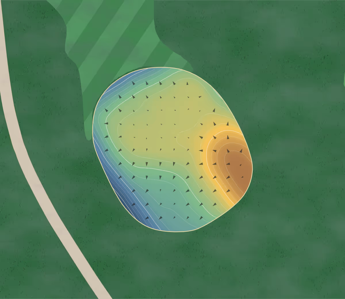 Green contour map of Banlieue Ouest in Saint-Zotique, Canada: 212 elevation contours at a 8-centimeter interval with fall-line arrows, traced from 1-meter lidar