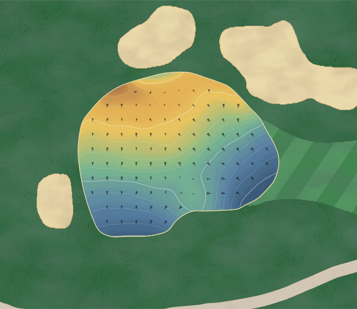 Green contour map of Beaconsfield in Pointe Claire, Canada — 161 elevation contours at a 8-centimeter interval with fall-line arrows, traced from 1-meter lidar
