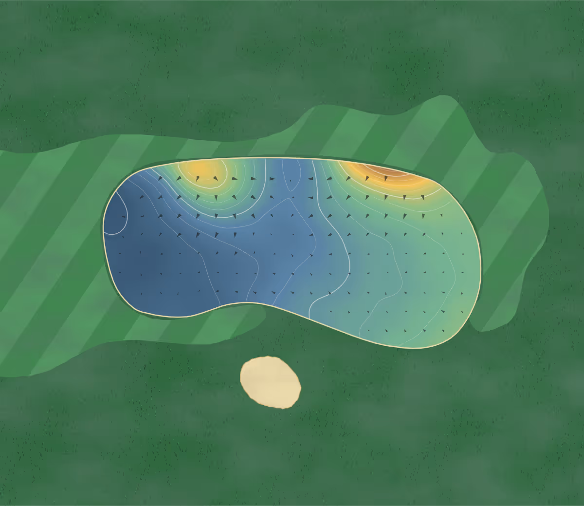 Green contour map of Beattie in La Sarre, Canada — 132 elevation contours at a 8-centimeter interval with fall-line arrows, traced from 1-meter lidar