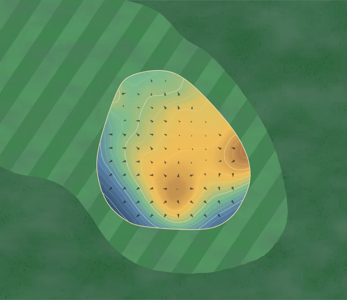Green contour map of Cacouna in Cacouna, Canada: 116 elevation contours at a 8-centimeter interval with fall-line arrows, traced from 1-meter lidar