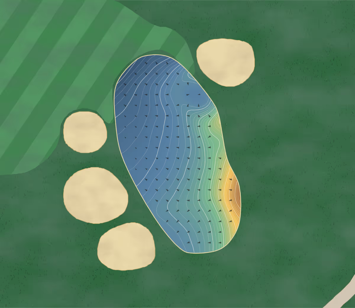 Green contour map of Knowlton in Knowlton, Canada: 407 elevation contours at a 8-centimeter interval with fall-line arrows, traced from 1-meter lidar
