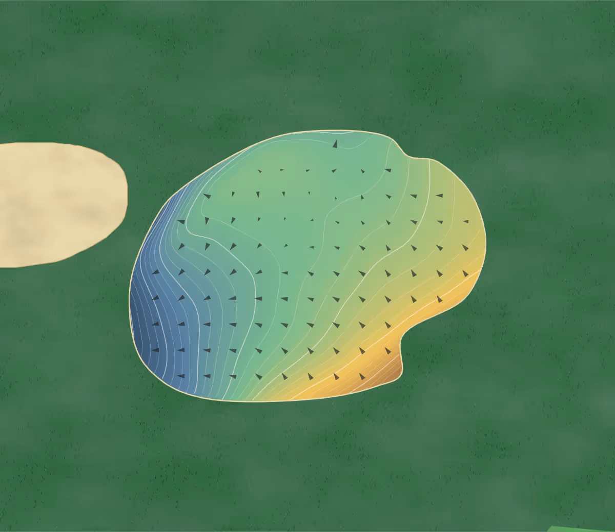 Green contour map of Lachute in Lachute, Canada: 578 elevation contours at a 8-centimeter interval with fall-line arrows, traced from 1-meter lidar
