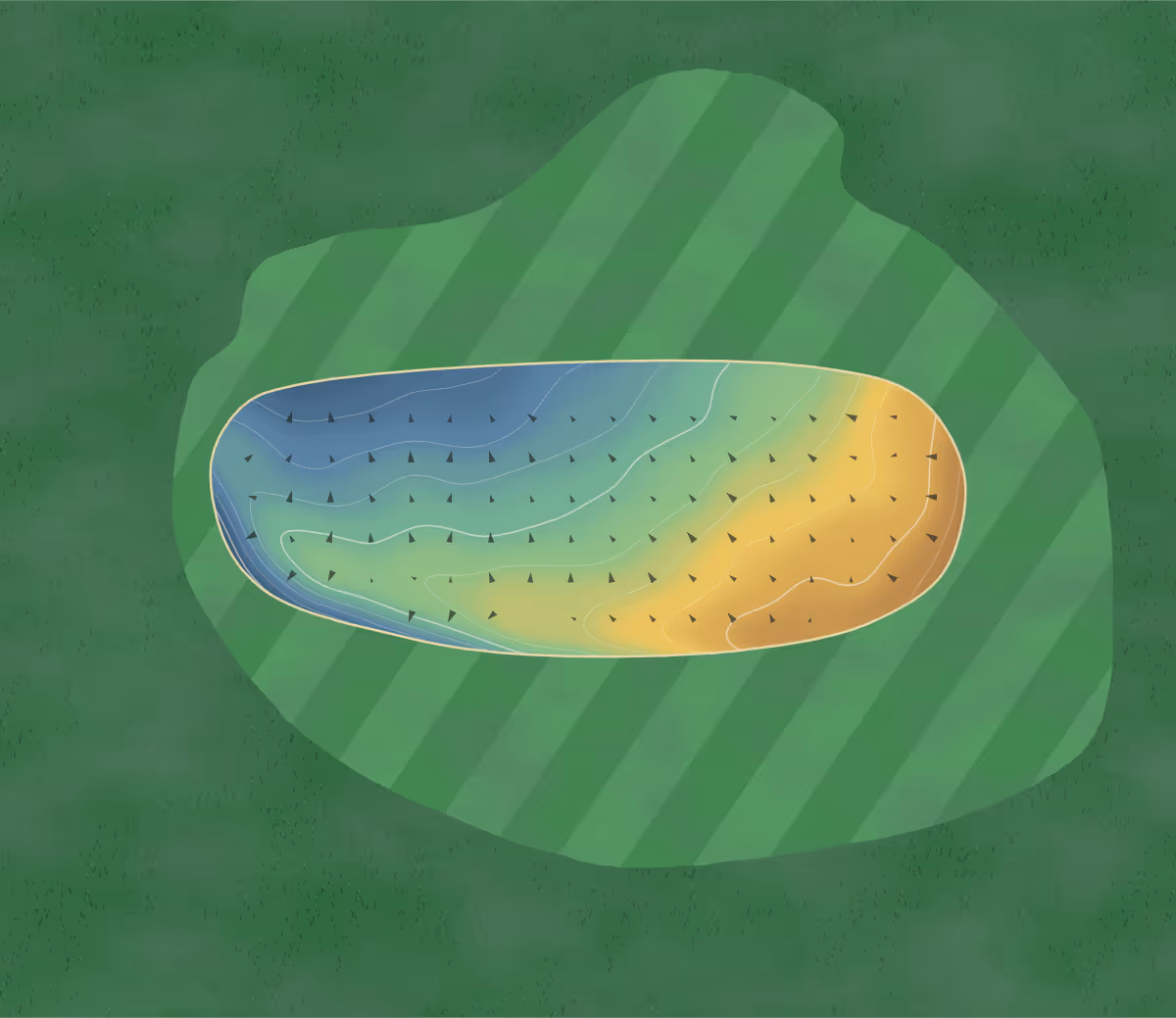 Green contour map of Témiscaming in Témiscaming, Canada: 10 elevation contours at a 8-centimeter interval with fall-line arrows, traced from 1-meter lidar