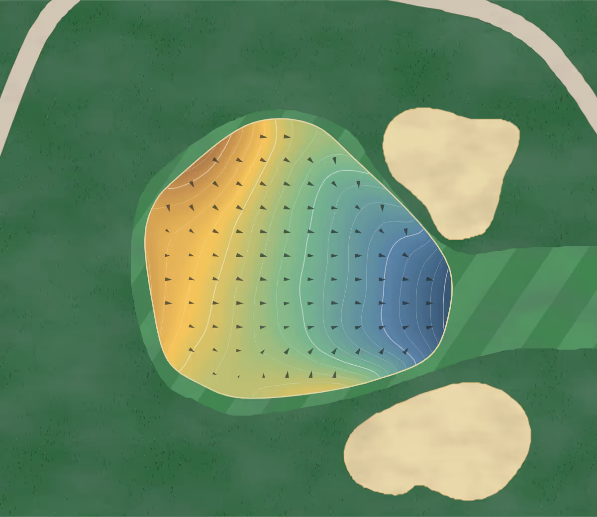 Green contour map of Drummondville in Drummondville, Canada — 230 elevation contours at a 8-centimeter interval with fall-line arrows, traced from 1-meter lidar
