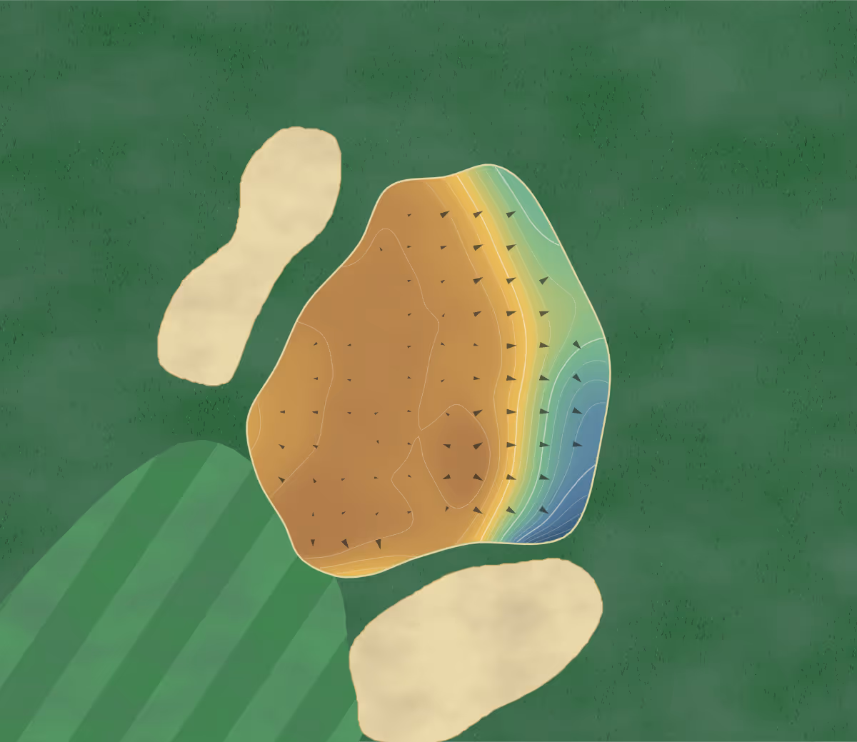 Green contour map of Manoir des Sables in Magog-Orford, Canada — 32 elevation contours at a 8-centimeter interval with fall-line arrows, traced from 1-meter lidar