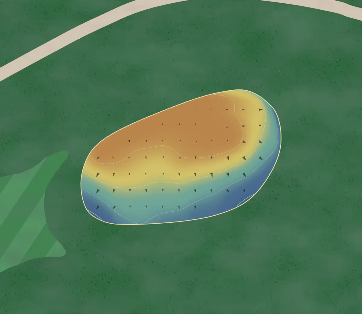 Green contour map of Mont-Orford in Orford, Canada: 4 elevation contours at a 8-centimeter interval with fall-line arrows, traced from 1-meter lidar