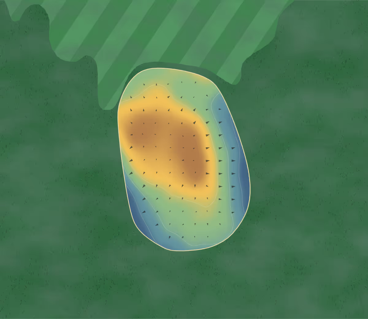 Green contour map of Embo in Rouyn-Noranda, Canada: 12 elevation contours at a 8-centimeter interval with fall-line arrows, traced from 1-meter lidar