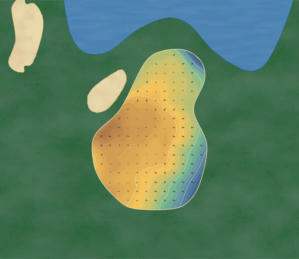 Green contour map of Fauvel in Bonaventure, Canada — 196 elevation contours at a 8-centimeter interval with fall-line arrows, traced from 1-meter lidar