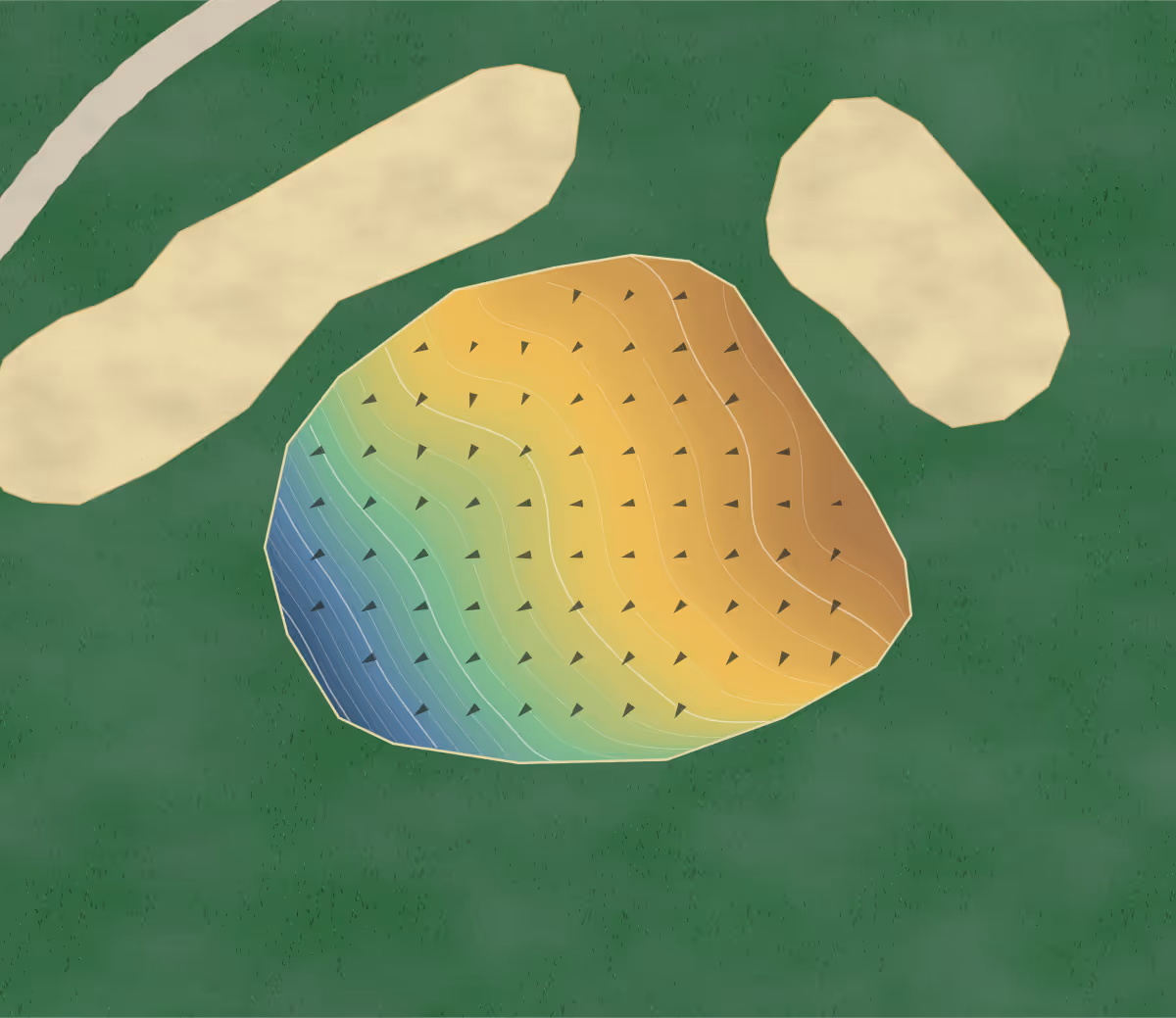 Green contour map of Hériot in Saint-Nicephore, Canada: 284 elevation contours at a 8-centimeter interval with fall-line arrows, traced from 1-meter lidar
