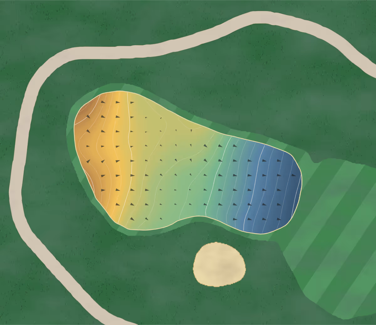 Green contour map of Hautes Plaines in Hull, Canada — 204 elevation contours at a 8-centimeter interval with fall-line arrows, traced from 1-meter lidar