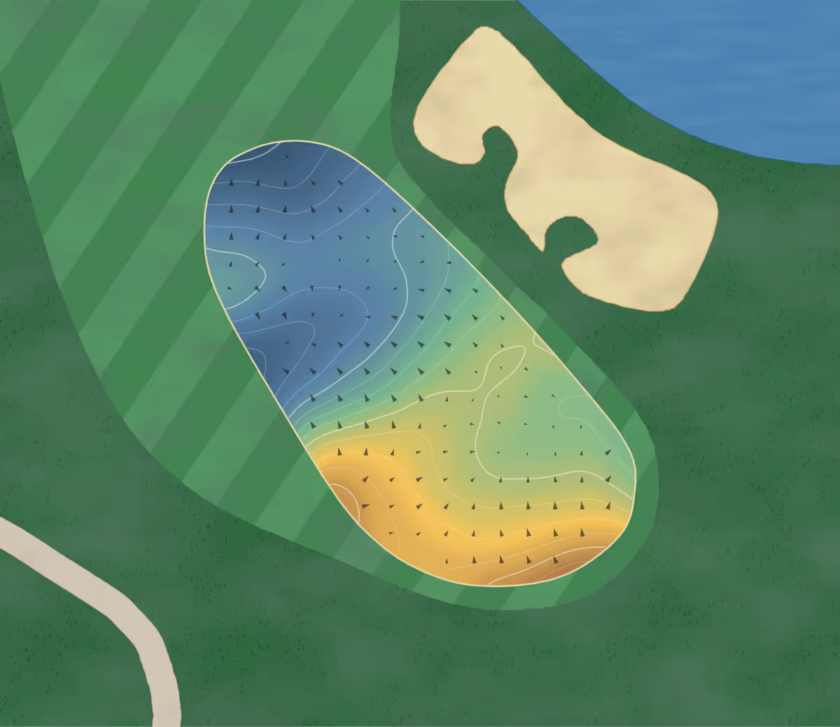 Green contour map of La Tempête in Lévis, Canada — 207 elevation contours at a 8-centimeter interval with fall-line arrows, traced from 1-meter lidar