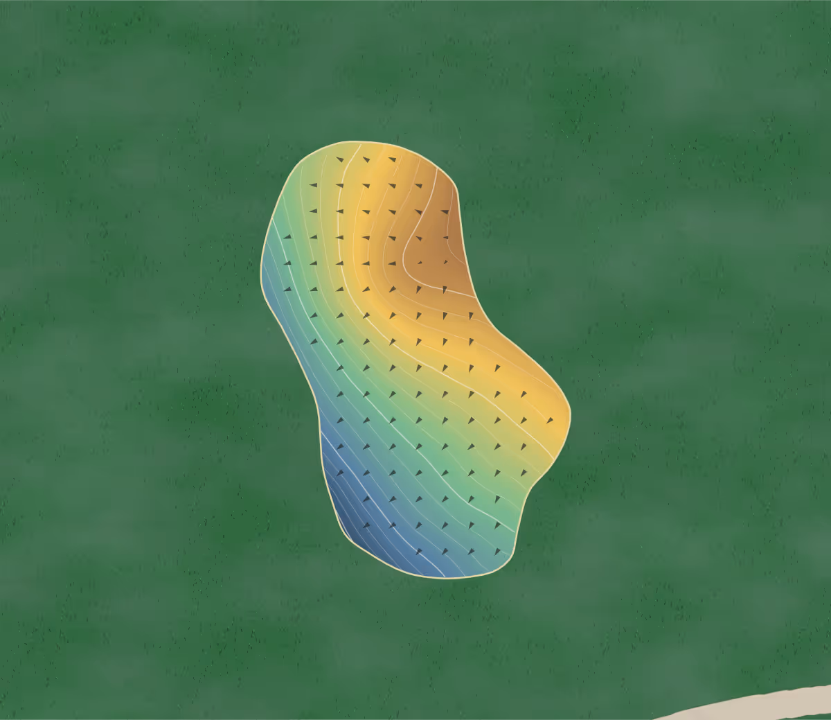 Green contour map of Lac-St-Jean in Saint-Gédéon, Canada — 216 elevation contours at a 8-centimeter interval with fall-line arrows, traced from 1-meter lidar