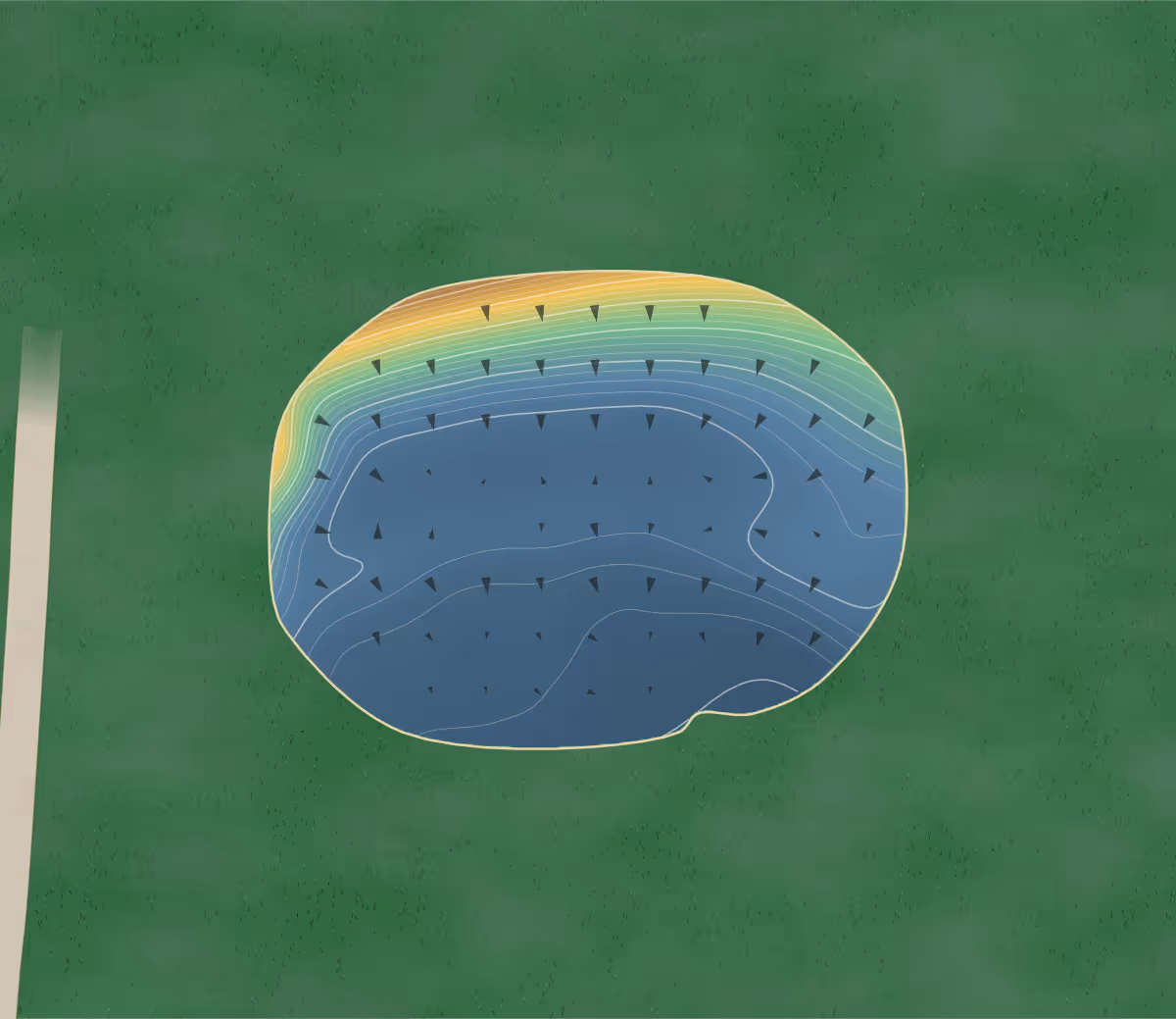 Green contour map of Le Versant in Terrebonne, Canada: 655 elevation contours at a 8-centimeter interval with fall-line arrows, traced from 1-meter lidar