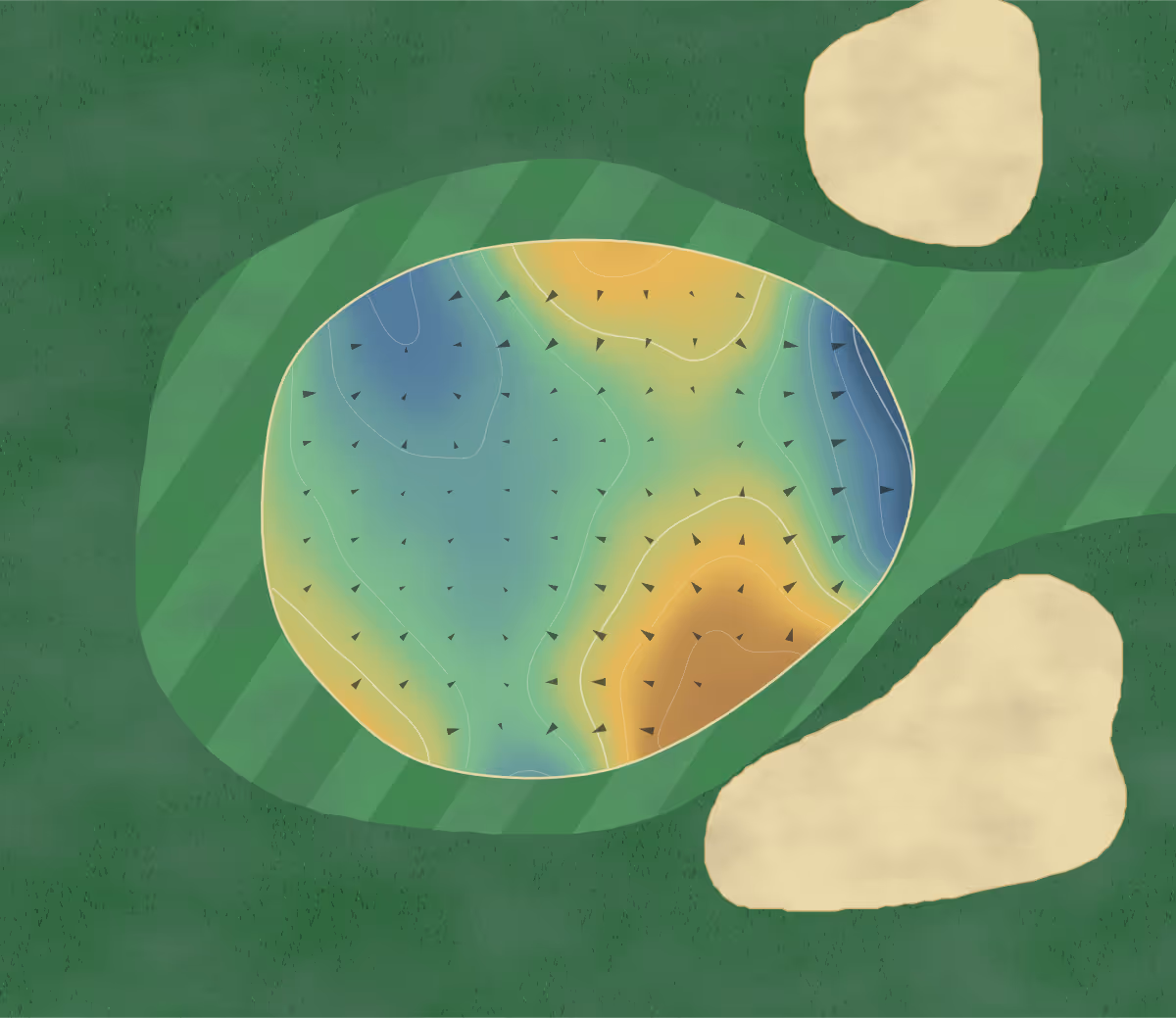 Green contour map of Les Dunes in Sorel-Tracy, Canada: 26 elevation contours at a 8-centimeter interval with fall-line arrows, traced from 1-meter lidar