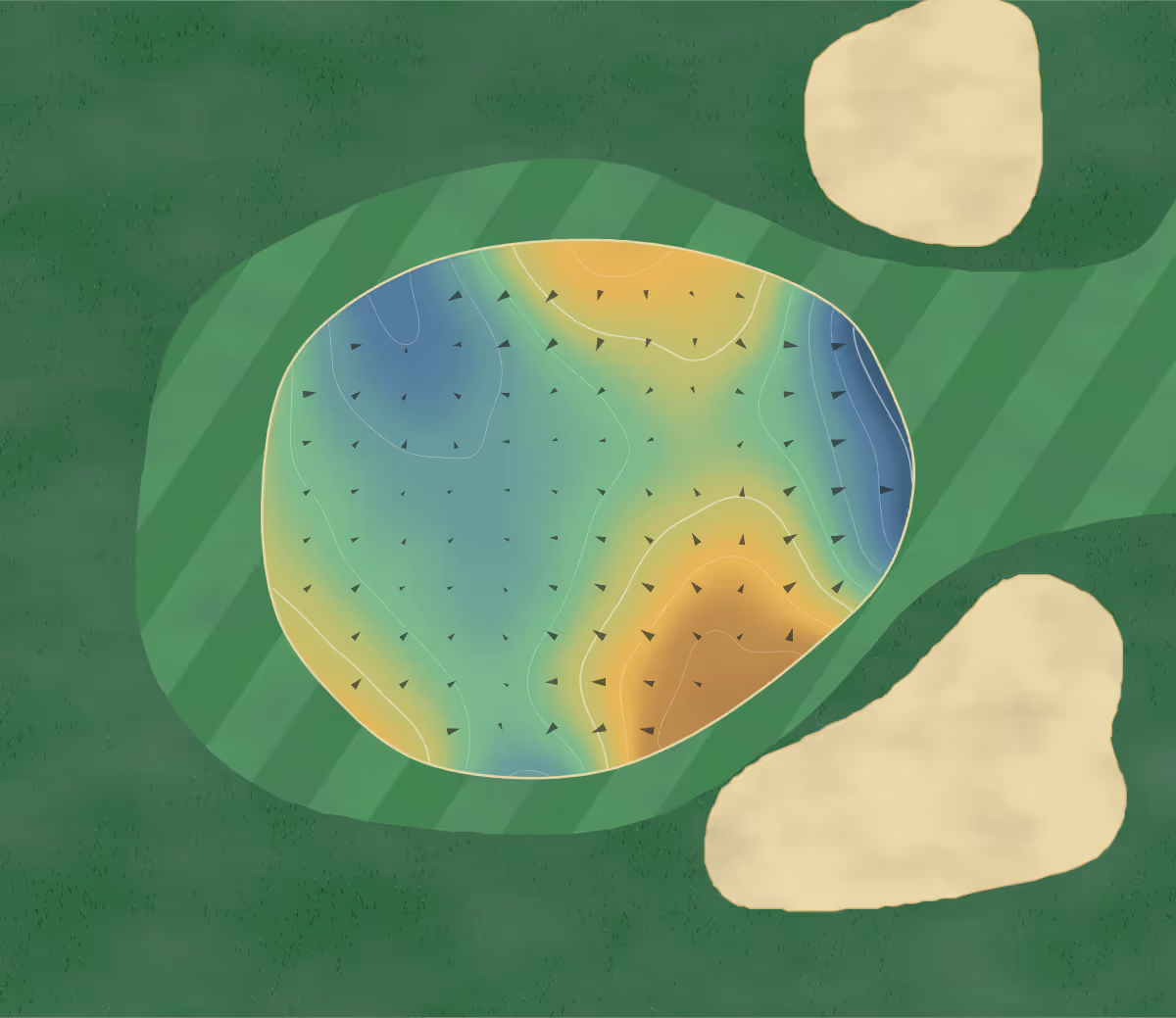 Green contour map of Les Dunes in Sorel-Tracy, Canada — 16 elevation contours at a 8-centimeter interval with fall-line arrows, traced from 1-meter lidar