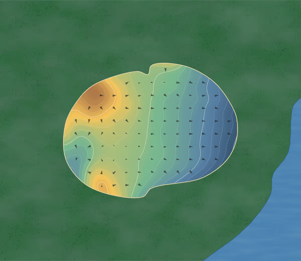 Green contour map of Les Rochers Bleus in Sutton, Canada: 252 elevation contours at a 8-centimeter interval with fall-line arrows, traced from 1-meter lidar
