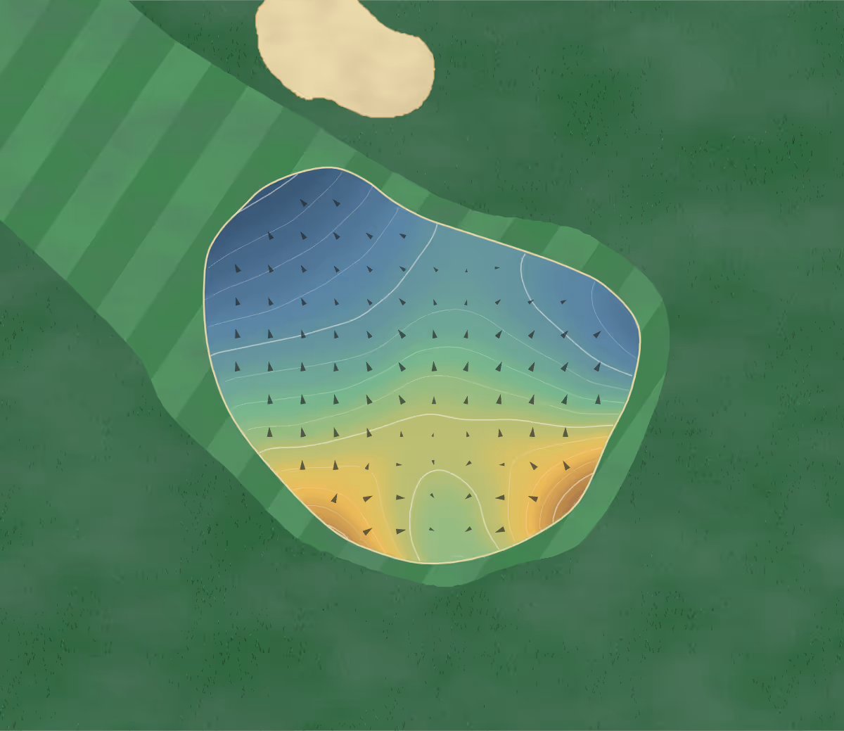 Green contour map of Lorette in Loretteville, Canada — 166 elevation contours at a 8-centimeter interval with fall-line arrows, traced from 1-meter lidar