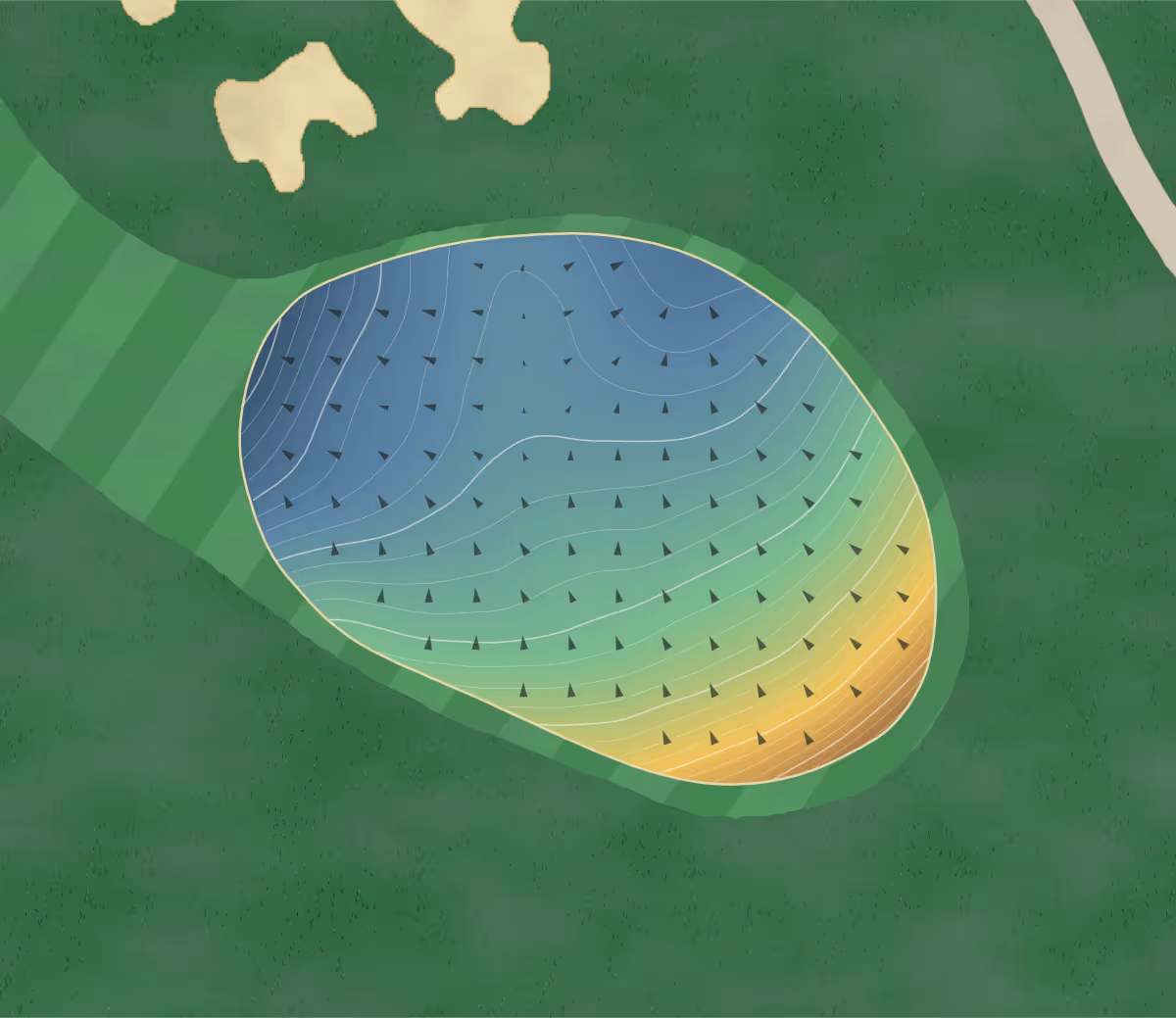 Green contour map of Memphrémagog in Magog, Canada — 280 elevation contours at a 8-centimeter interval with fall-line arrows, traced from 1-meter lidar