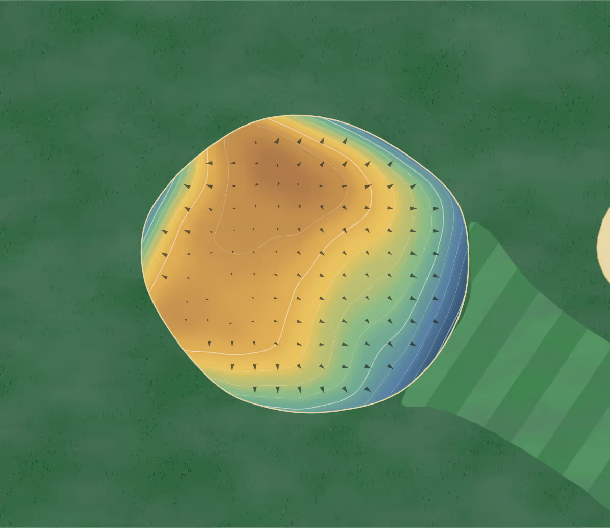 Green contour map of Metaberoutin in Trois-Rivières, Canada: 167 elevation contours at a 8-centimeter interval with fall-line arrows, traced from 1-meter lidar