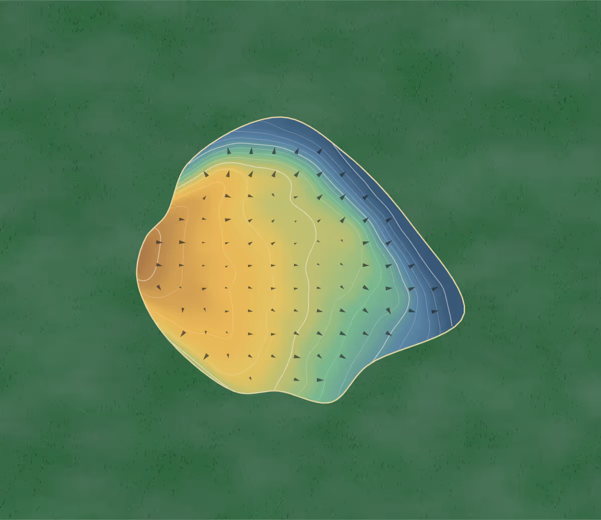 Green contour map of Métropolitain in Québec, Canada: 82 elevation contours at a 8-centimeter interval with fall-line arrows, traced from 1-meter lidar