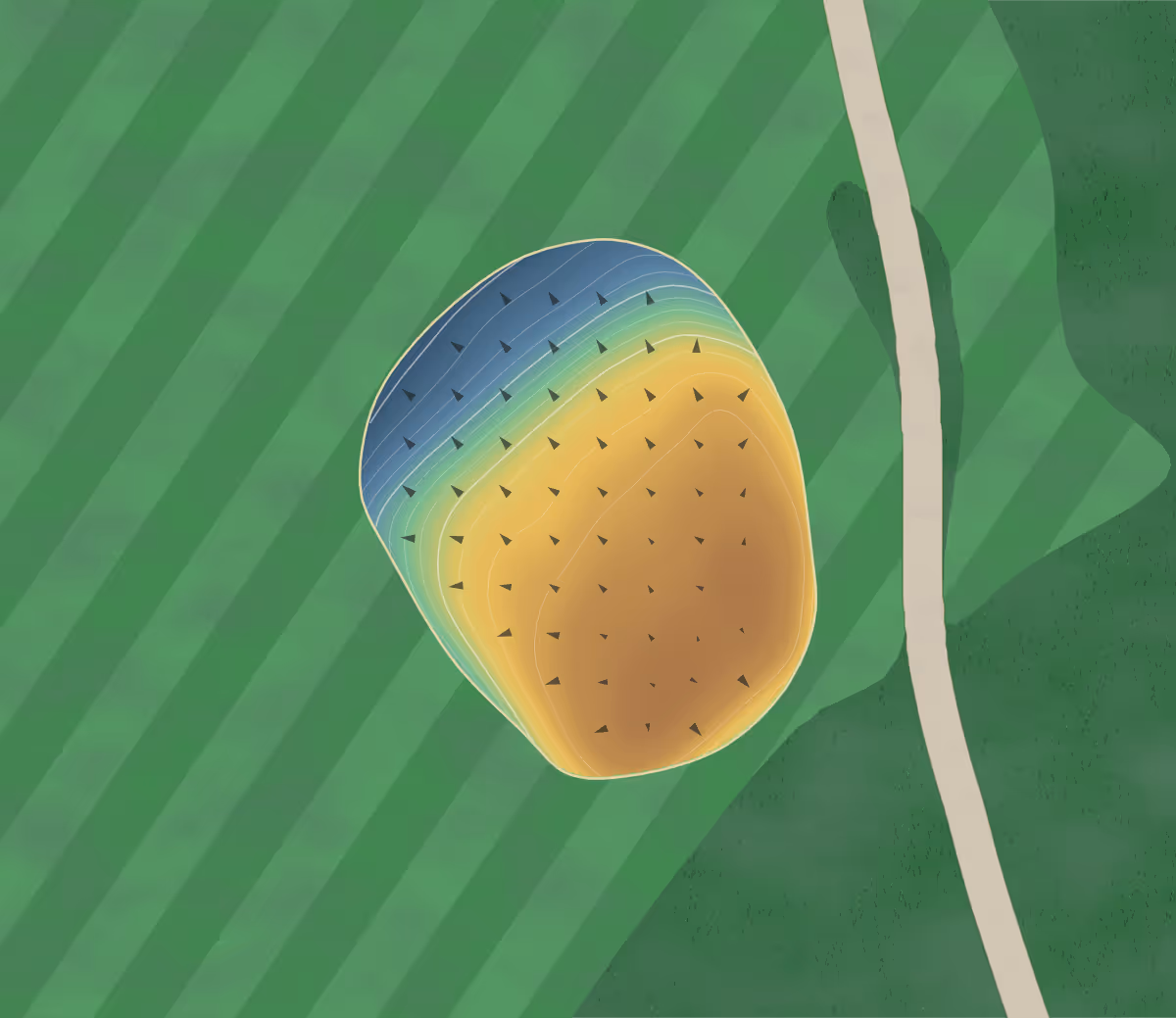 Green contour map of Monty in Drummondville, Canada: 161 elevation contours at a 8-centimeter interval with fall-line arrows, traced from 1-meter lidar