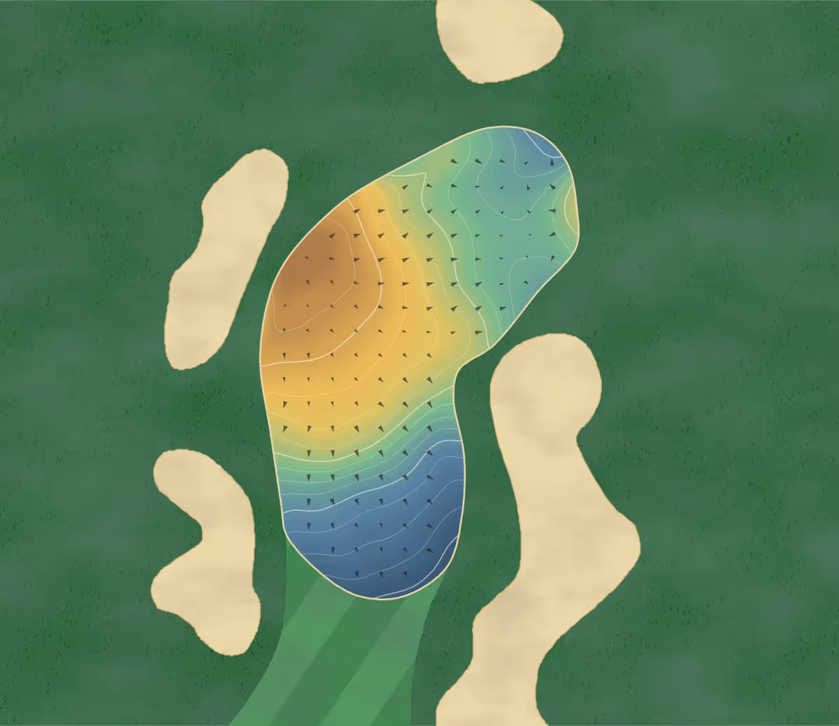 Green contour map of Rivermead in Aylmer, Canada — 262 elevation contours at a 8-centimeter interval with fall-line arrows, traced from 1-meter lidar