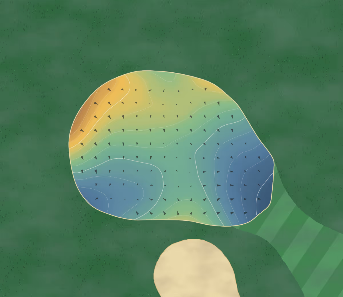 Green contour map of Rosemère Fontainebleau in Blainville, Canada: 12 elevation contours at a 8-centimeter interval with fall-line arrows, traced from 1-meter lidar