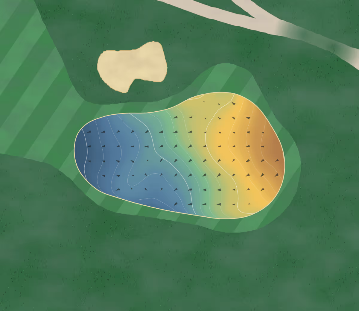 Green contour map of Royal Québec in Charlesbourg, Canada: 205 elevation contours at a 8-centimeter interval with fall-line arrows, traced from 1-meter lidar