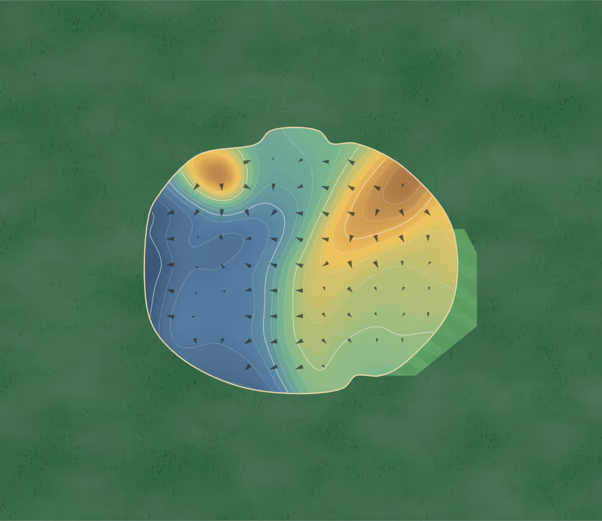 Green contour map of Verchères in Ste Julie, Canada: 152 elevation contours at a 8-centimeter interval with fall-line arrows, traced from 1-meter lidar
