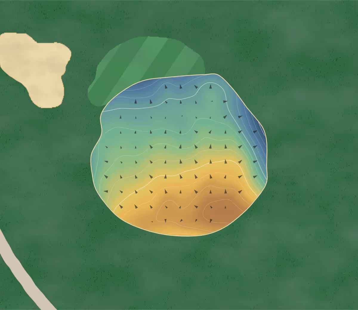 Green contour map of WindMill Heights in Ile Perrot, Canada: 12 elevation contours at a 8-centimeter interval with fall-line arrows, traced from 1-meter lidar