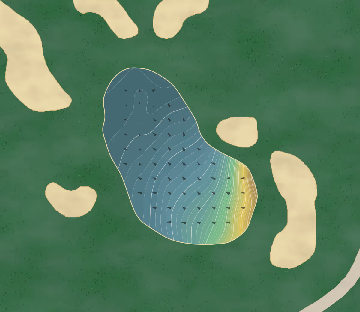Green contour map of Club Holliday in Zionsville, Indiana — 290 elevation contours at a 3-inch interval with fall-line arrows, traced from 1-meter lidar