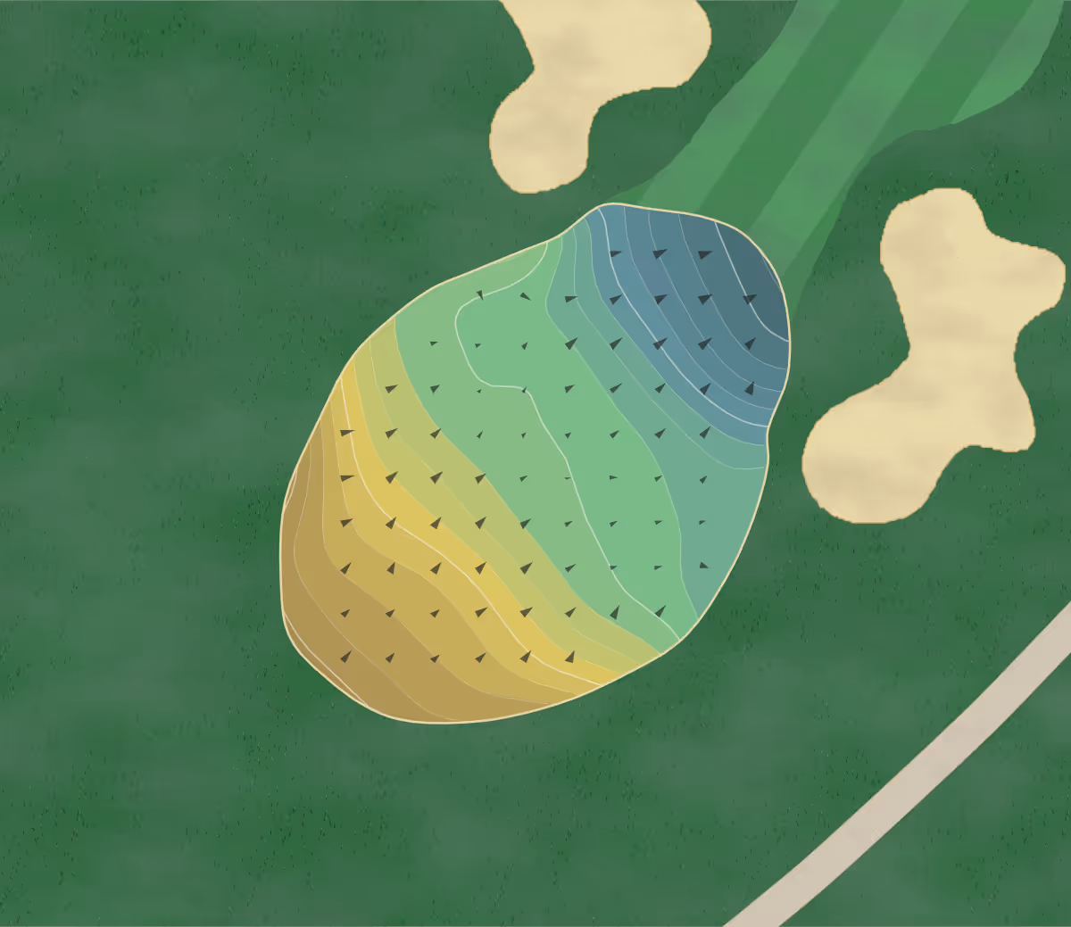 Green contour map of Club Inverness in Englewood, Colorado — 199 elevation contours at a 3-inch interval with fall-line arrows, traced from 1-meter lidar