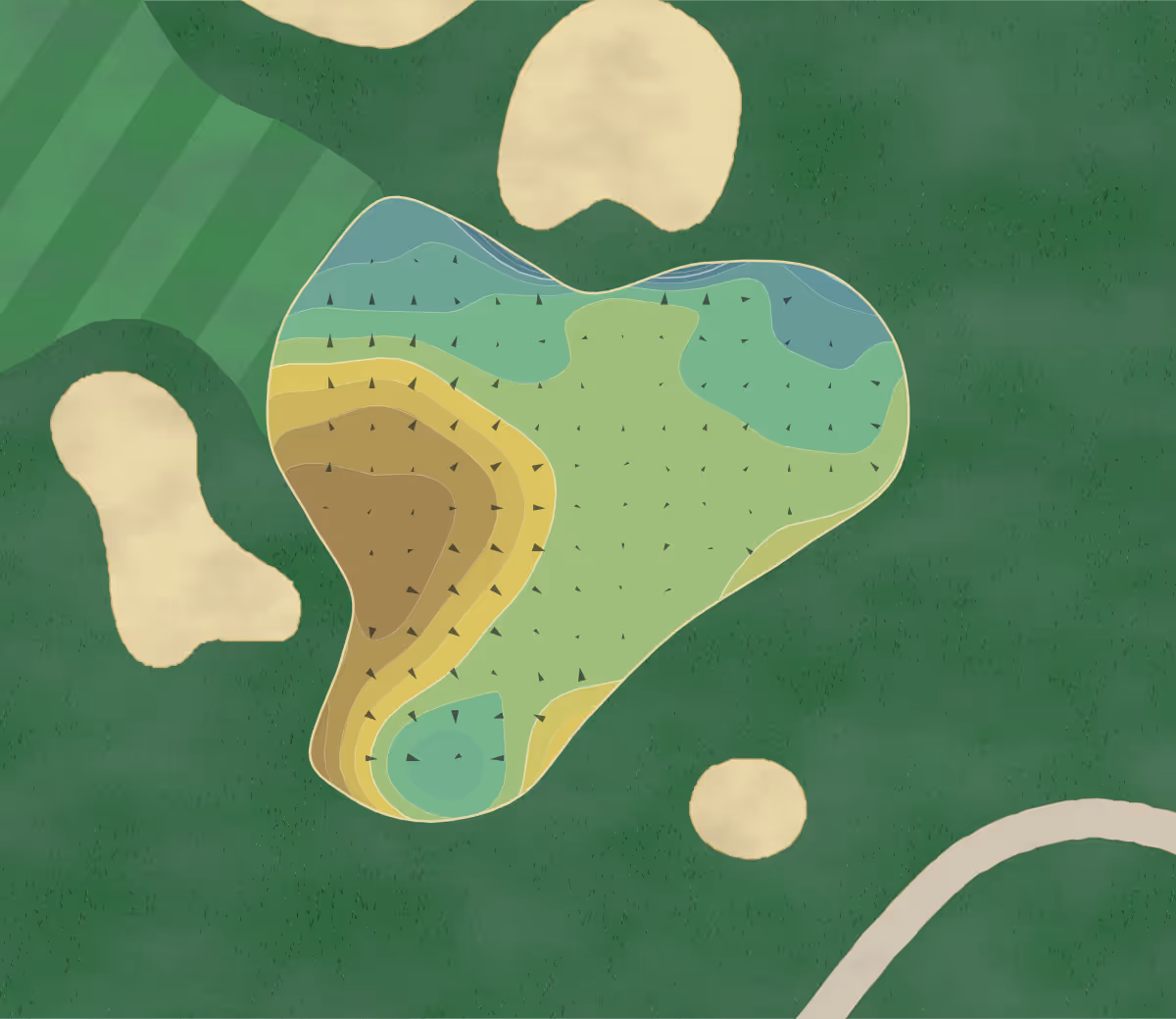 Green contour map of Club Nevillewood in Nevillewood, Pennsylvania — 261 elevation contours at a 3-inch interval with fall-line arrows, traced from 1-meter lidar