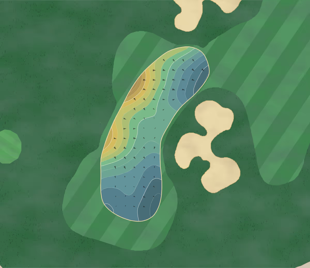 Green contour map of Club Tartan in Dublin, Ohio — 274 elevation contours at a 3-inch interval with fall-line arrows, traced from 1-meter lidar