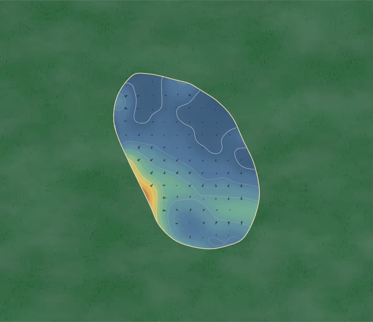 Green contour map of Aberdyfi in Aberdovey, Wales: 122 elevation contours at a 8-centimeter interval with fall-line arrows, traced from 1-meter lidar