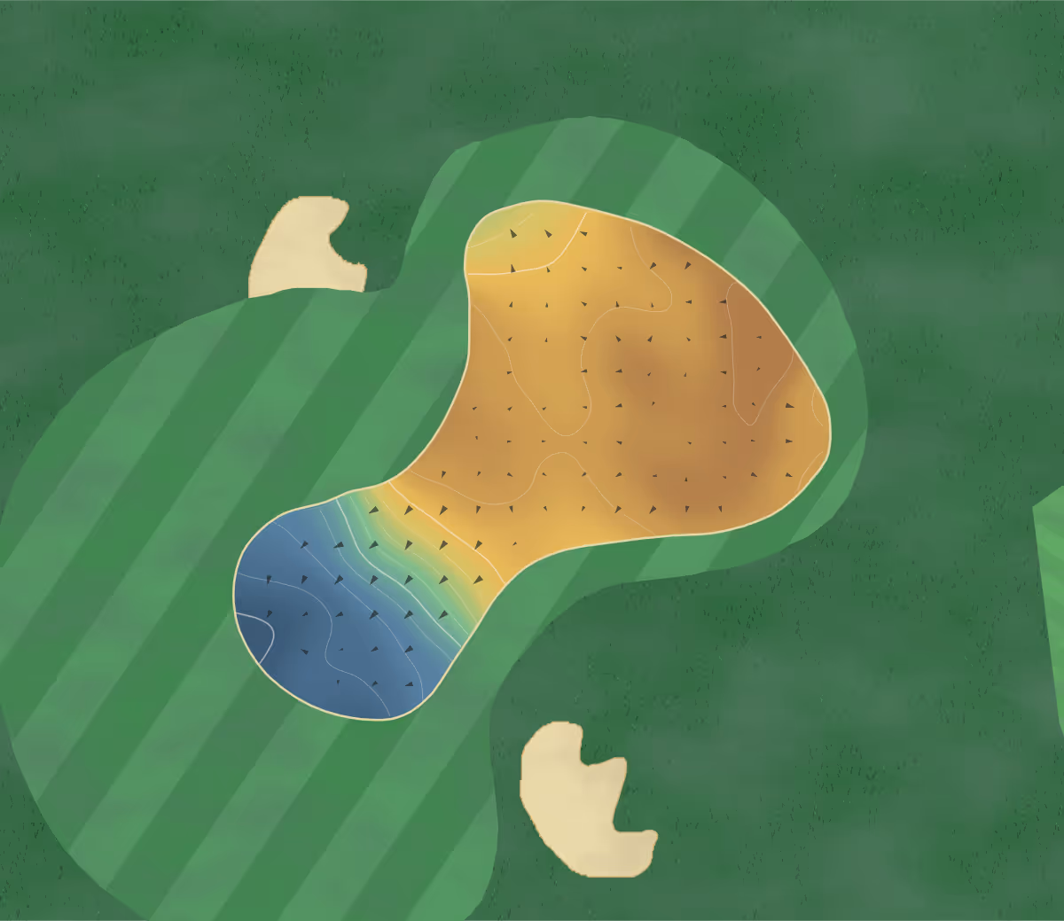 Green contour map of Aberdyfi in Aberdovey, Wales — 130 elevation contours at a 8-centimeter interval with fall-line arrows, traced from 1-meter lidar