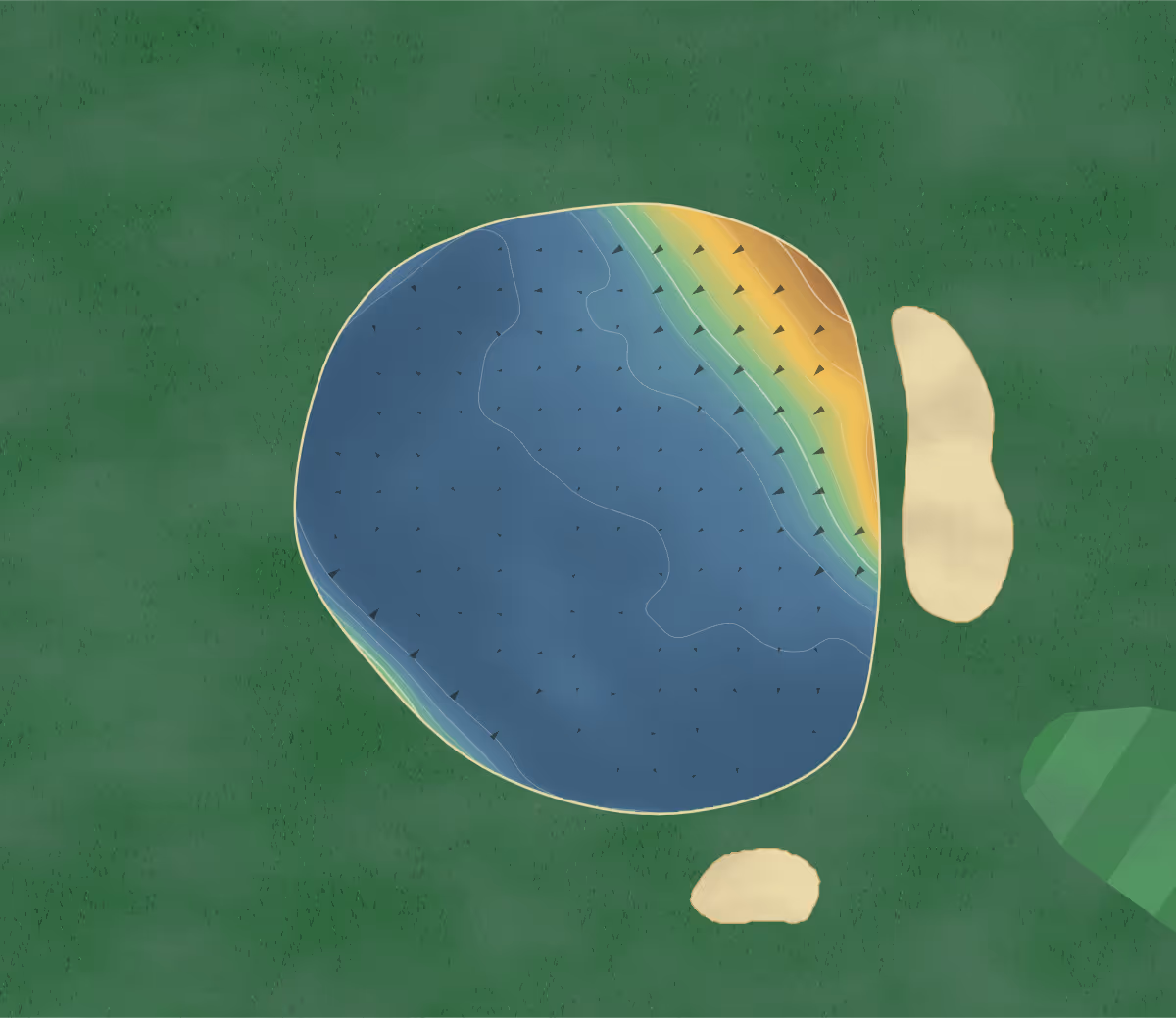 Green contour map of Clyde in Clyde, New Zealand — 69 elevation contours at a 8-centimeter interval with fall-line arrows, traced from 1-meter lidar