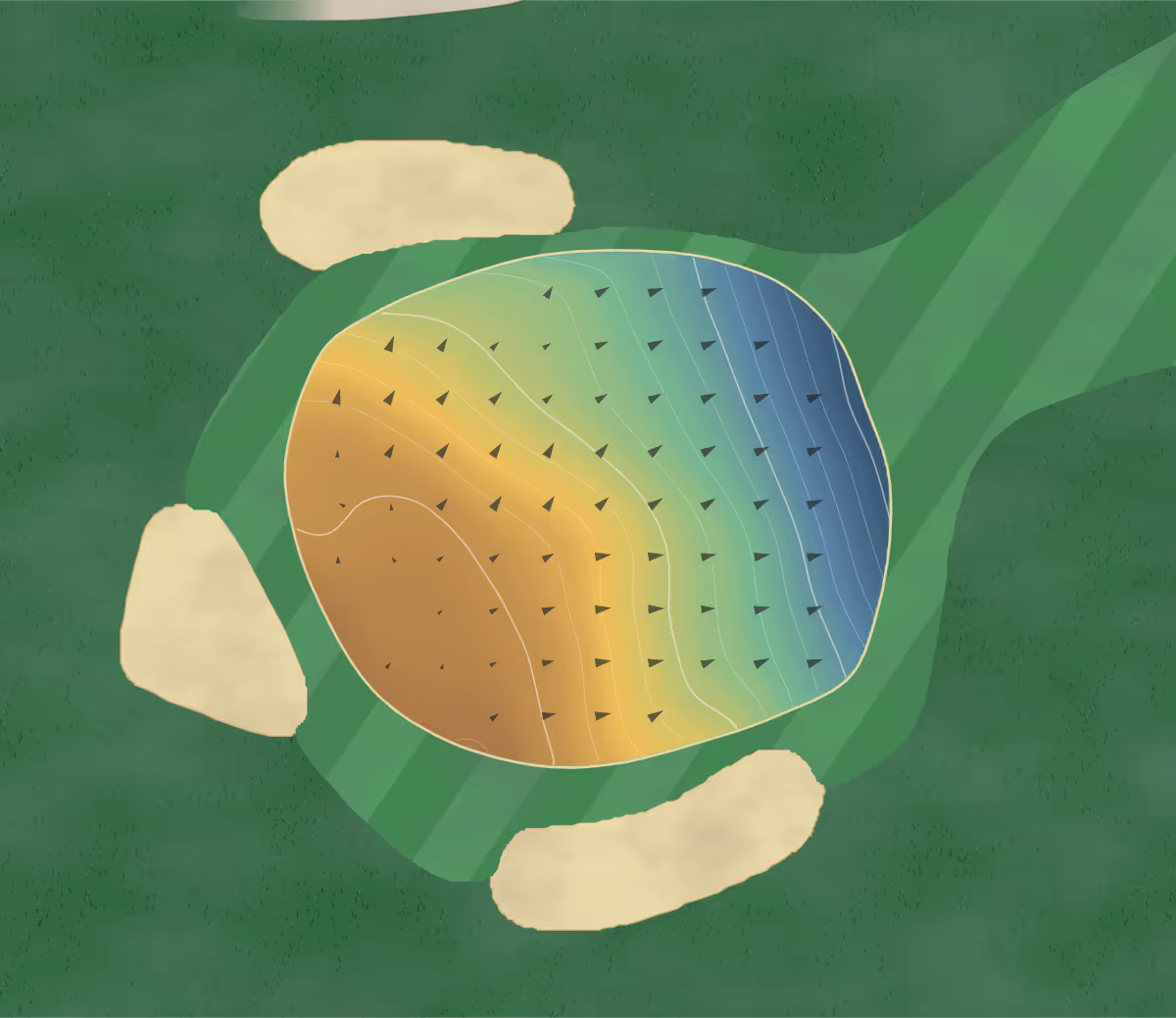 Green contour map of Cobble Hills in Thamesford, Canada — 119 elevation contours at a 8-centimeter interval with fall-line arrows, traced from 1-meter lidar