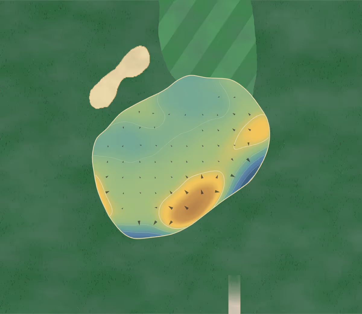 Green contour map of Cobourg Creek in Cobourg, Canada — 62 elevation contours at a 8-centimeter interval with fall-line arrows, traced from 1-meter lidar