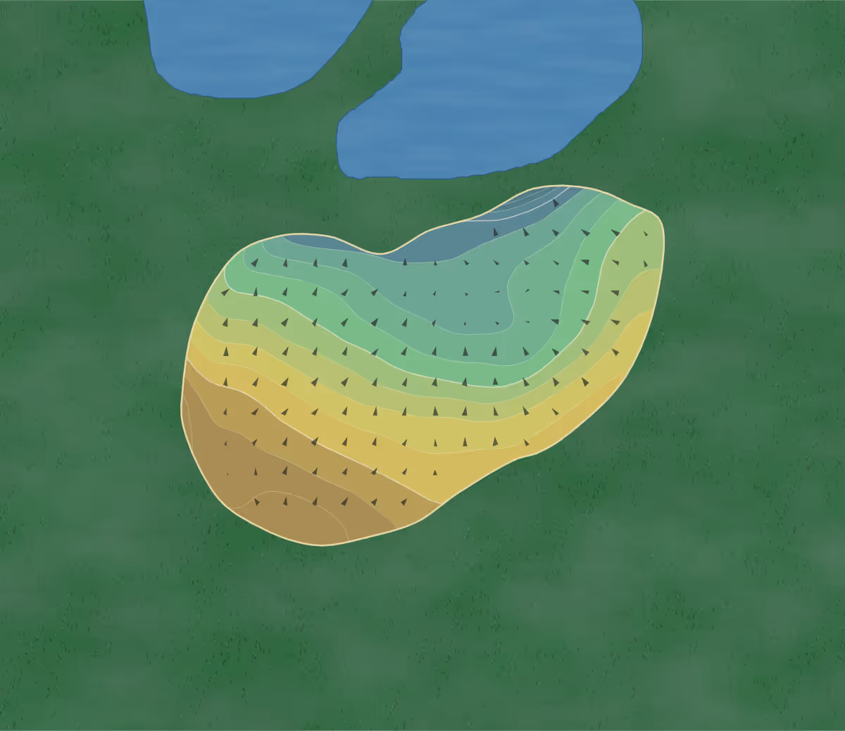 Green contour map of Cocken Lodge in Houghton le Spring, England — 87 elevation contours at a 8-centimeter interval with fall-line arrows, traced from 1-meter lidar