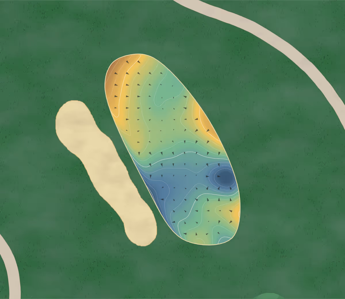Green contour map of Coffin Gc in Indianapolis, Indiana — 191 elevation contours at a 3-inch interval with fall-line arrows, traced from 1-meter lidar