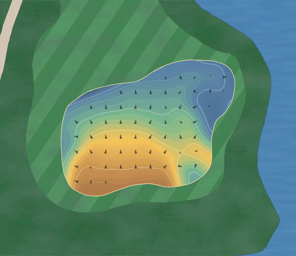 Green contour map of Coffs Harbour in Coffs Harbour, Australia — 296 elevation contours at a 8-centimeter interval with fall-line arrows, traced from 1-meter lidar